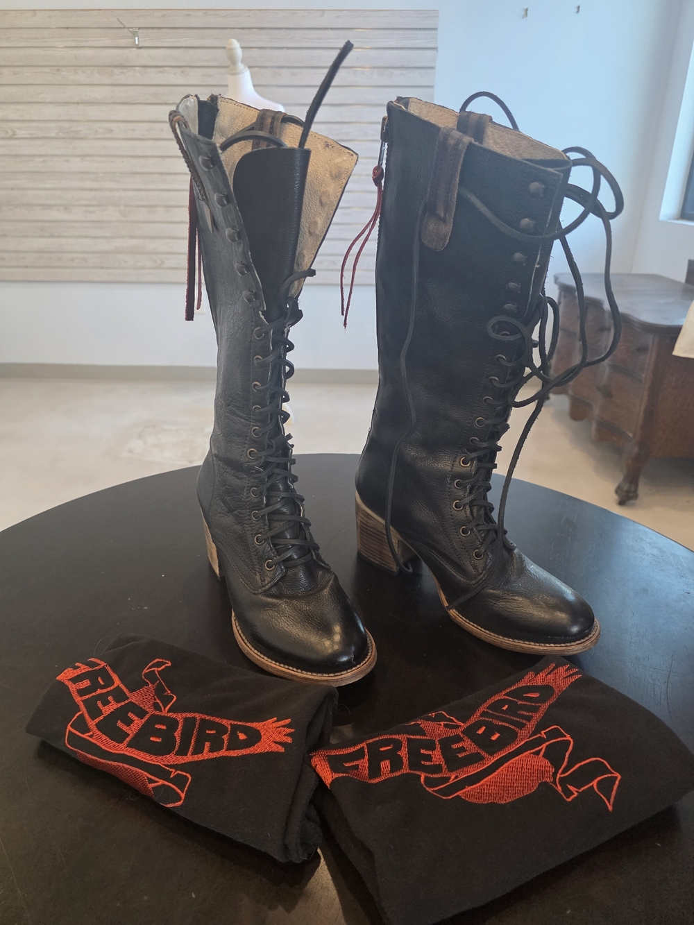 Freebird by Steven Grany Black Leather Lace-Up Knee Boots